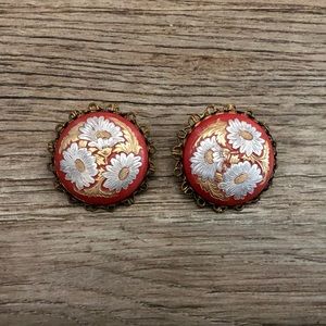 Vintage Red Floral Clip On Earrings